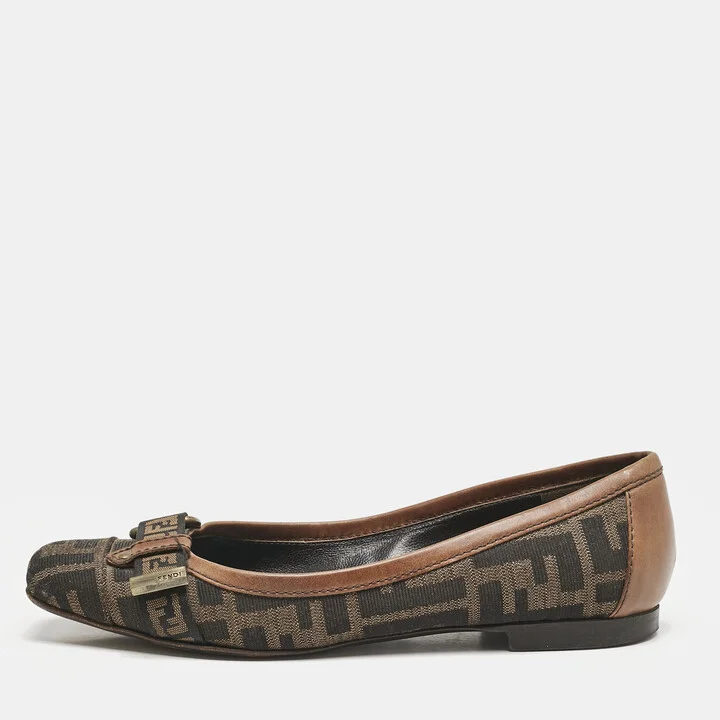 Fendi Tobacco Zucca Canvas And Patent Trim Ballet Flats Size 36.5