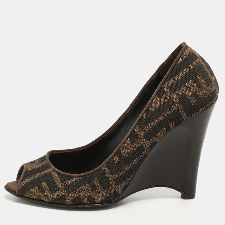 Fendi Tobacco Zucca Canvas and Suede Wedge Peep Toe Pumps Size 36