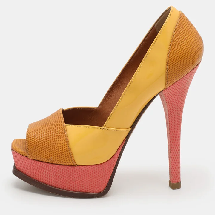 Fendi Tri Color Fendista Colorblock Lizard-Embossed Leather Peep Toe Platform Pumps Size 36