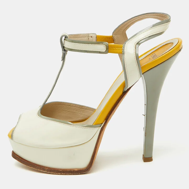 Fendi Tri Color Patent Leather T- Strap Fendista Platform Sandals Size 40