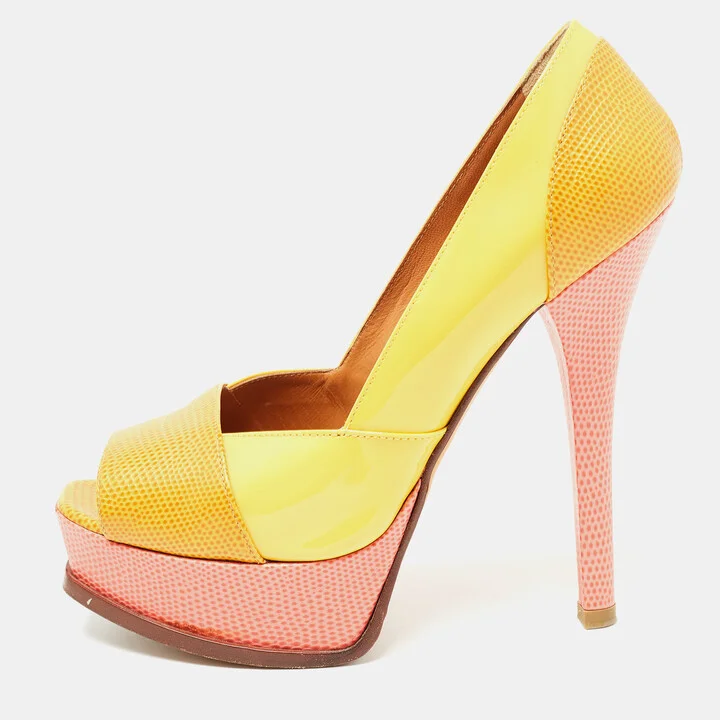 Fendi Tricolor Embossed Lizard and Patent Leather Fendista Pumps Size 37