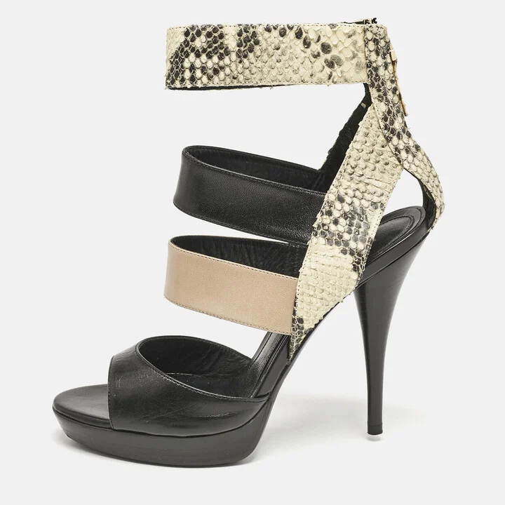 Fendi Tricolor Leather and Python Embossed Ankle Strap Platform Sandals Size 38