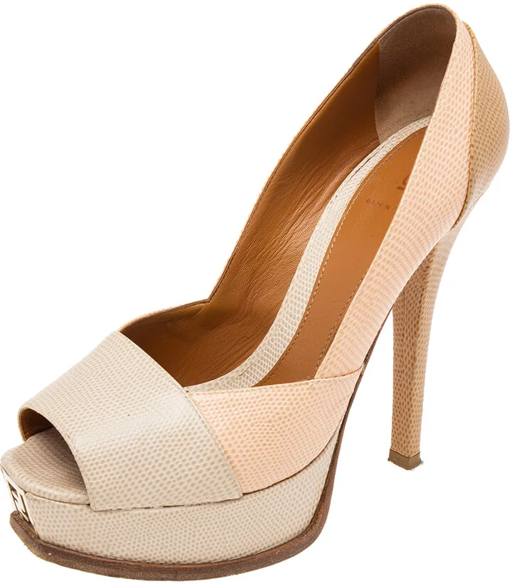 Fendi Tricolor Lizard Embossed Leather Peep Toe Platform Pumps Size 39.5