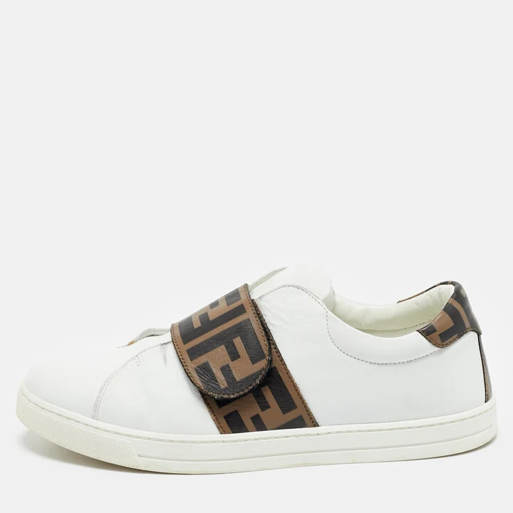 Fendi White/Brown Leather FF Buckle Low Top Sneakers Size 37