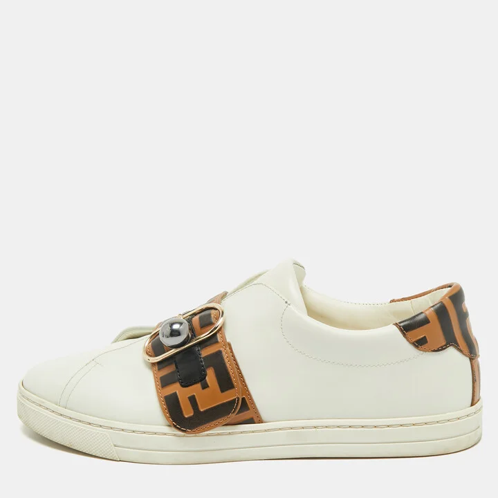 Fendi White/Brown Leather FF Buckle Strap Pearland Slip On Sneakers Size 40
