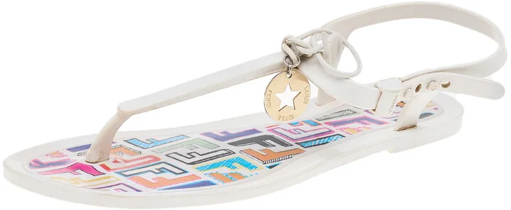 Fendi White Jelly Logo Charm Sunny Thong Flat Sandals Size 39
