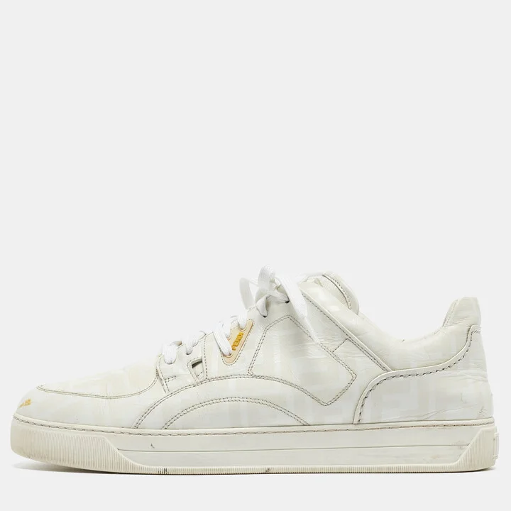 Fendi White Logo Print Leather Low Top Sneakers Size 45