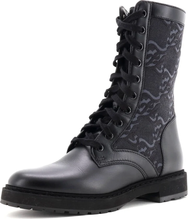 FENDI Women's Combat Boots FF Karligraphy Canvas with Leather