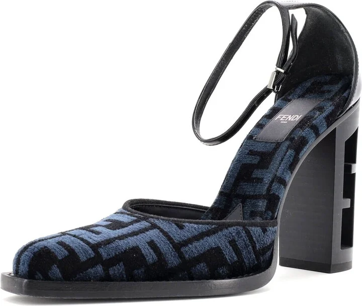 FENDI Women's FF Cut Ankle Strap Pumps Zucca Jacquard with Leather
