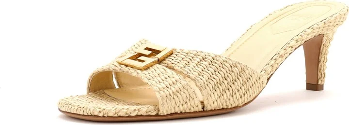 FENDI Women's FF Fold Heeled Mules Raffia