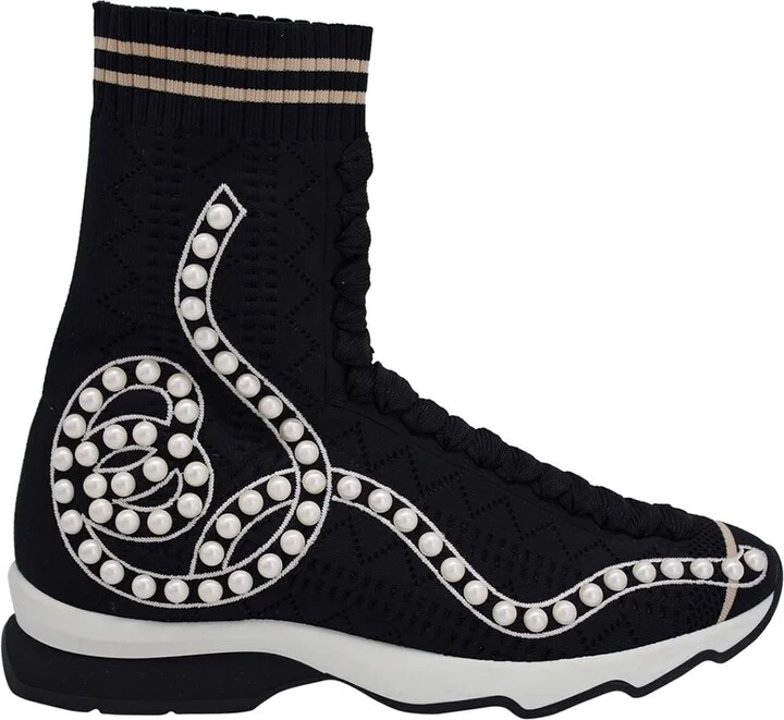 FENDI Women's Nylon Rockoko Pearly Beaded Knit Sock Sneaker (Authentic Pre- Loved)