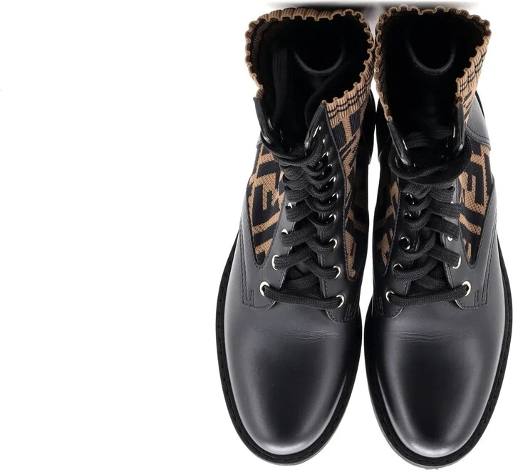 FENDI Women's Rockoko Combat Boots Leather and Zucca Knit Stretch Fabric - Image 2