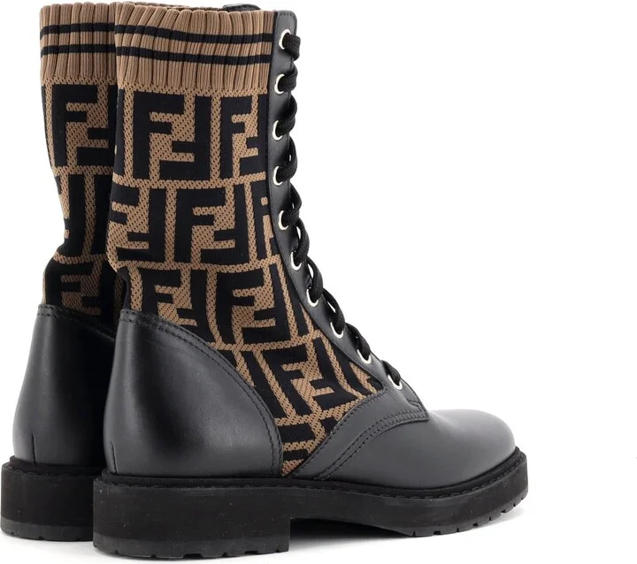 FENDI Women's Rockoko Combat Boots Leather and Zucca Knit Stretch Fabric - Image 3
