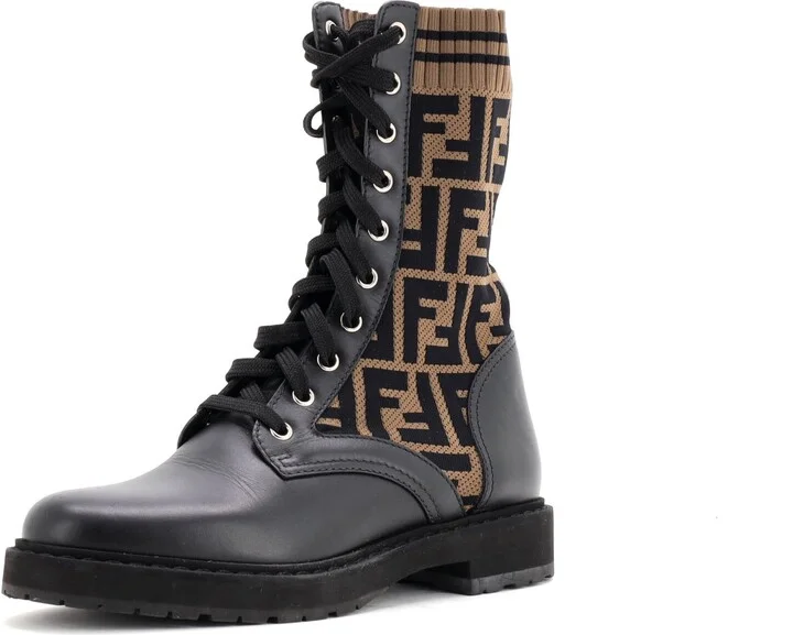 FENDI Women's Rockoko Combat Boots Leather and Zucca Knit Stretch Fabric
