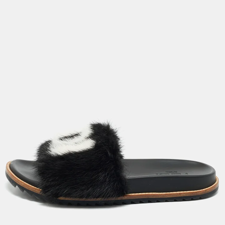 Fendi x Fila Black Mink Fur Logo Mania Slide Sandals Size 41