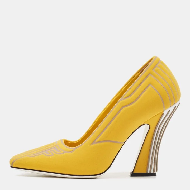 Fendi Yellow Fabric F Freedom Block Heel Pumps Size 38