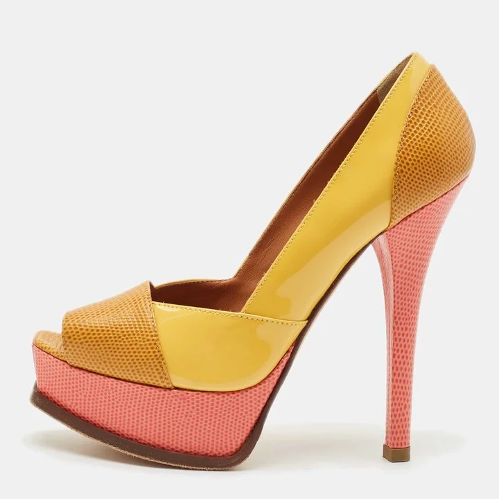 Fendi Yellow/Pink Patent and Lizard Embossed Leather Fendista Peep Toe Platform Pumps Size 37.5