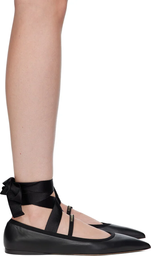 Ferragamo Black Ankle Ribbon Ballerina Flats