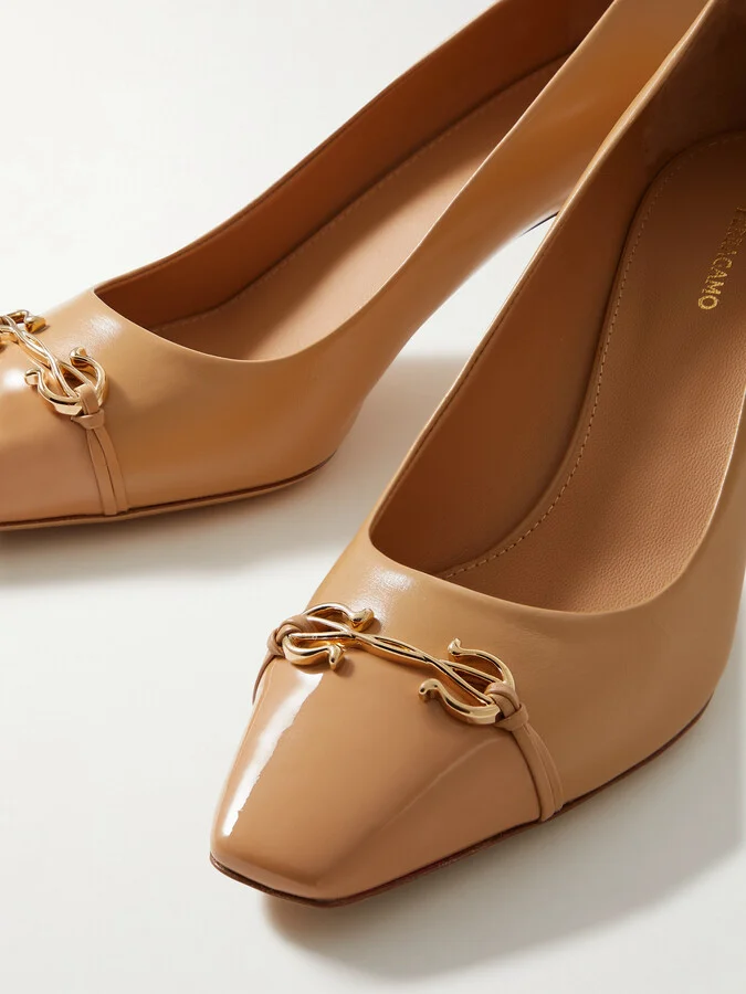 Ferragamo - Bria Embellished Patent-leather Trimmed Smooth Leather Pumps - Brown - Image 4
