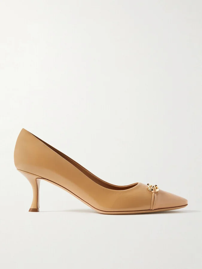 Ferragamo - Bria Embellished Patent-leather Trimmed Smooth Leather Pumps - Brown