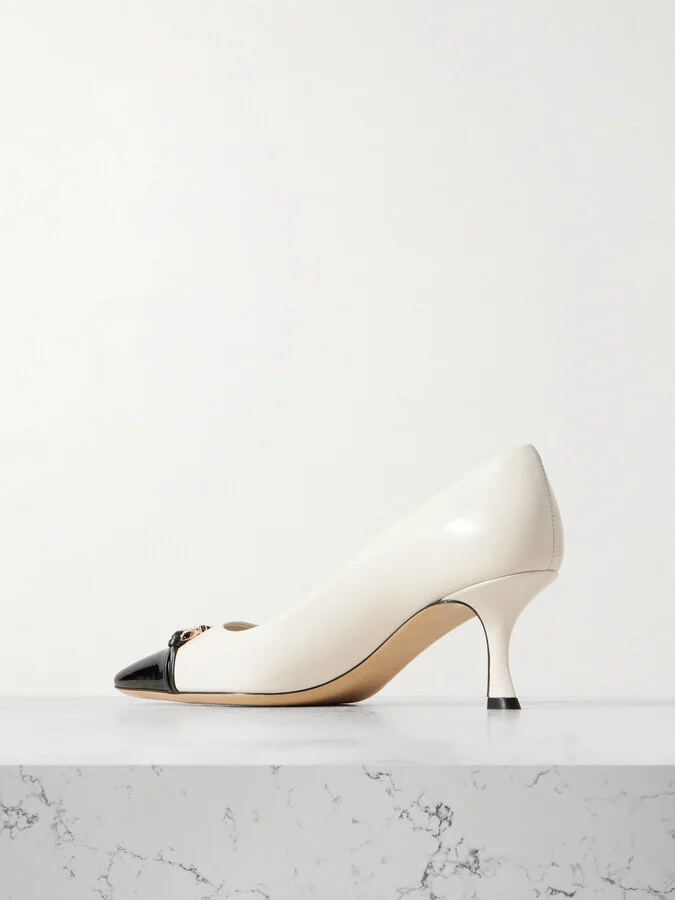 Ferragamo - Bria Embellished Patent-leather Trimmed Smooth Leather Pumps - Off-white - Image 3
