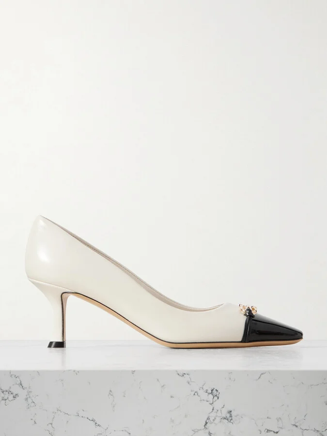 Ferragamo - Bria Embellished Patent-leather Trimmed Smooth Leather Pumps - Off-white