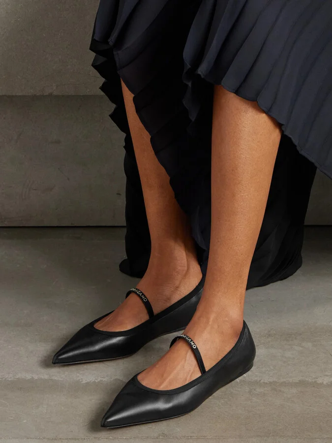 Ferragamo - Carice Satin-trimmed Leather Ballet Flats - Black - Image 5