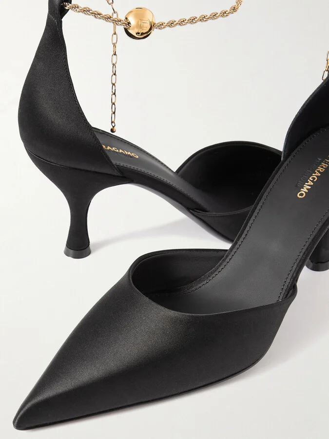 Ferragamo - Dana Chain-embellished Satin Pumps - Black - Image 4