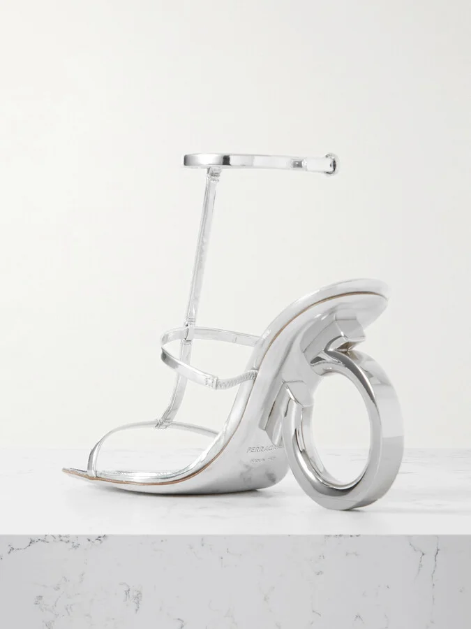 Ferragamo - Elina Logo-detailed Metallic Leather Sandals - Silver - Image 3