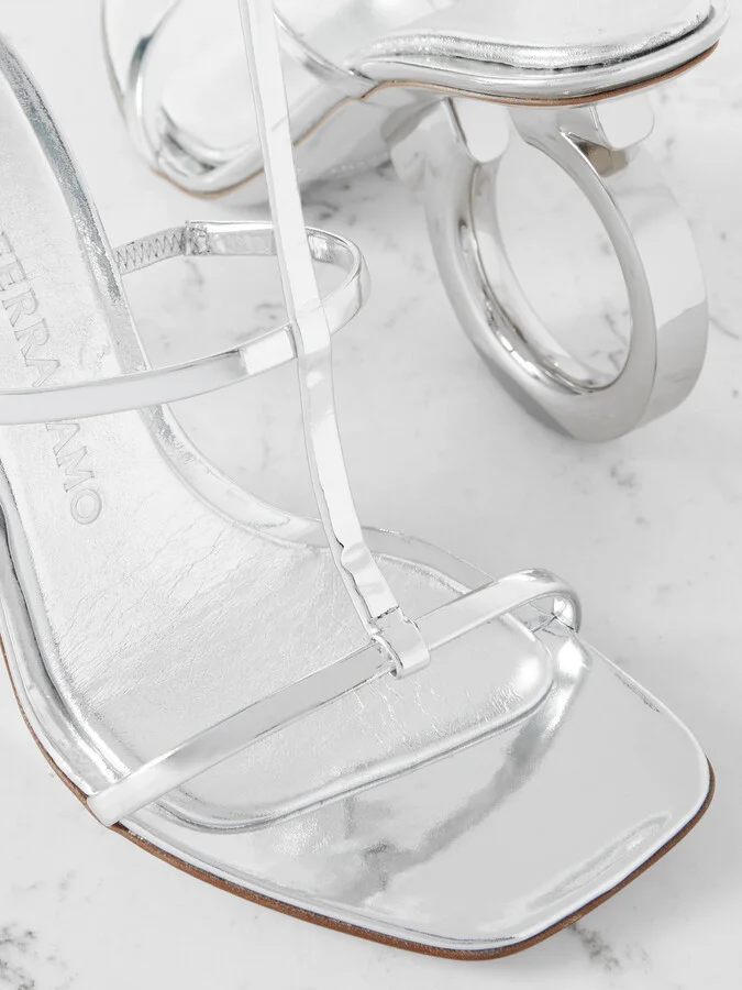 Ferragamo - Elina Logo-detailed Metallic Leather Sandals - Silver - Image 4