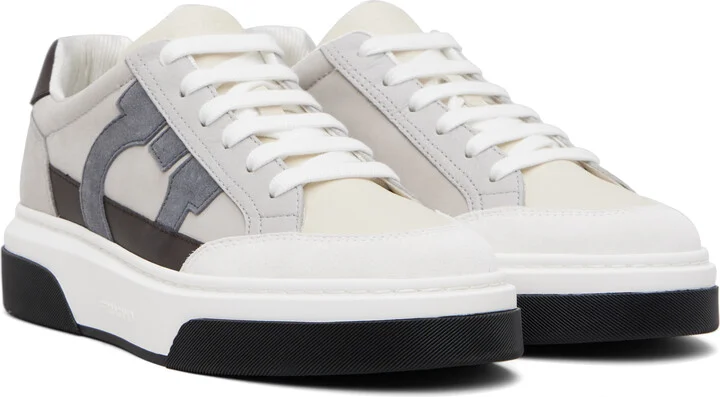 Ferragamo Gray & Off-White Low Cut Gancini Outline Sneakers - Image 4