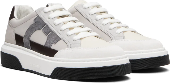 Ferragamo Gray & Off-White Low Cut Gancini Outline Sneakers - Image 4