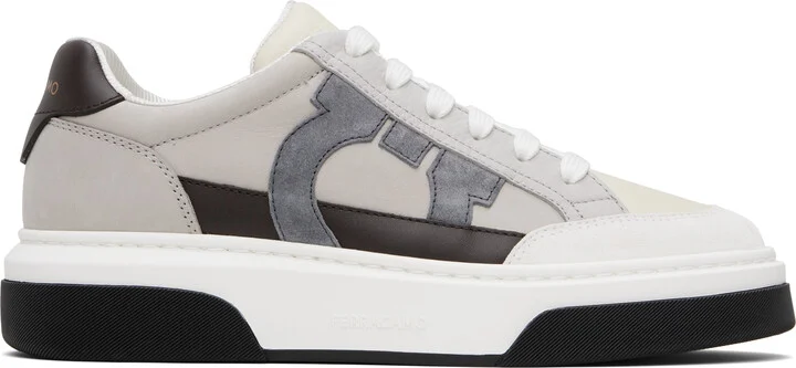 Ferragamo Gray & Off-White Low Cut Gancini Outline Sneakers