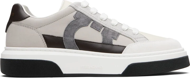 Ferragamo Gray & Off-White Low Cut Gancini Outline Sneakers