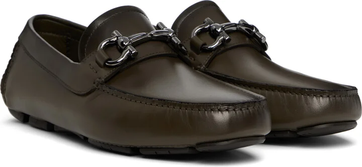 Ferragamo Khaki Gancini Ornament Driver Loafers - Image 4