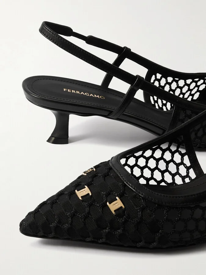 Ferragamo - Klizia Embellished Grosgrain And Leather-trimmed Mesh Slingback Pumps - Black - Image 4