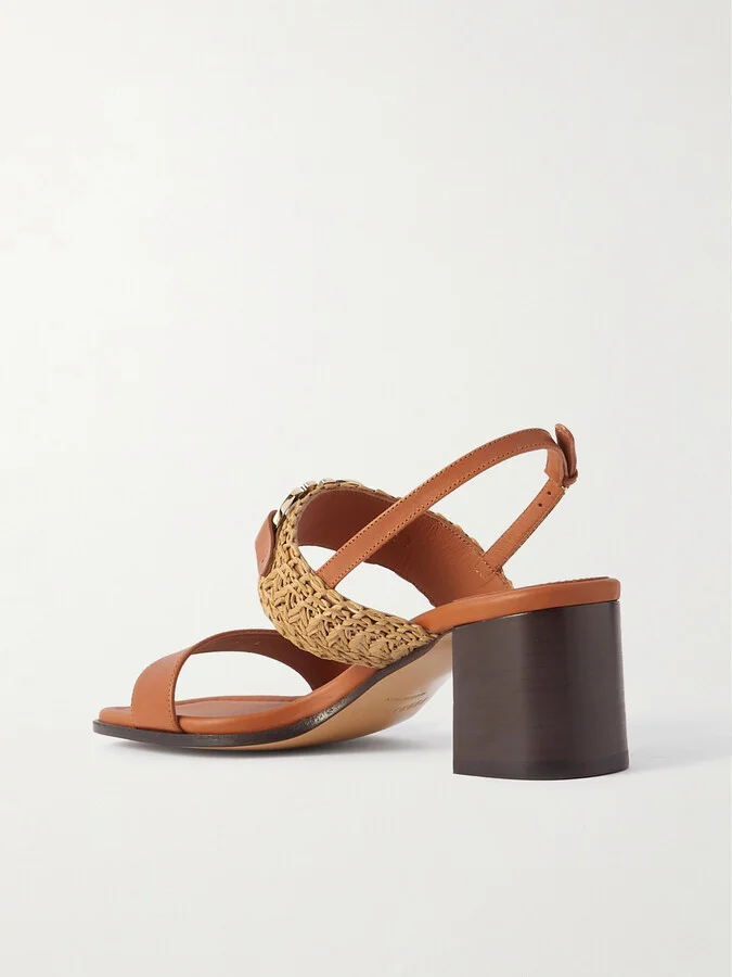 Ferragamo - Lou Raffia-trimmed Embellished Leather Slingback Sandals - Brown - Image 3
