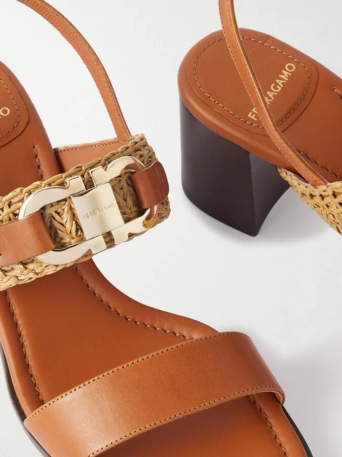 Ferragamo - Lou Raffia-trimmed Embellished Leather Slingback Sandals - Brown - Image 4