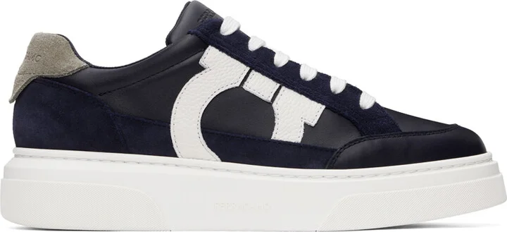Ferragamo Navy Low Cut Gancini Outline Sneakers