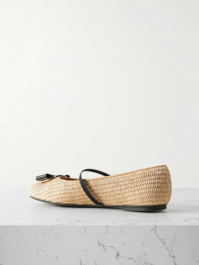 Ferragamo - New Vara Embellished Raffia Flats - Neutrals - Image 3