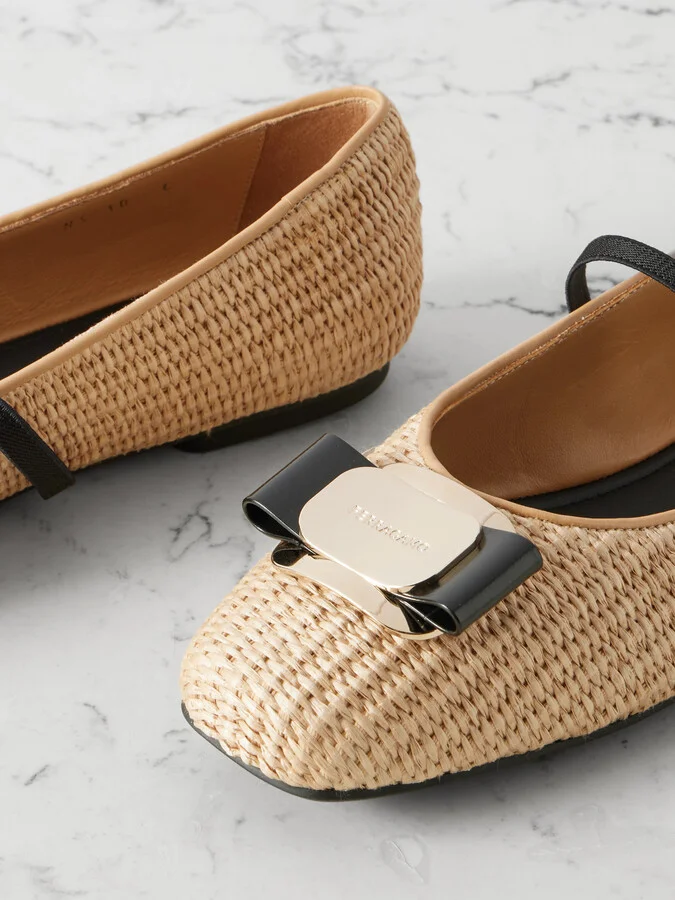Ferragamo - New Vara Embellished Raffia Flats - Neutrals - Image 4