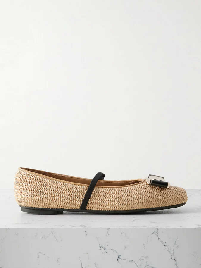 Ferragamo - New Vara Embellished Raffia Flats - Neutrals
