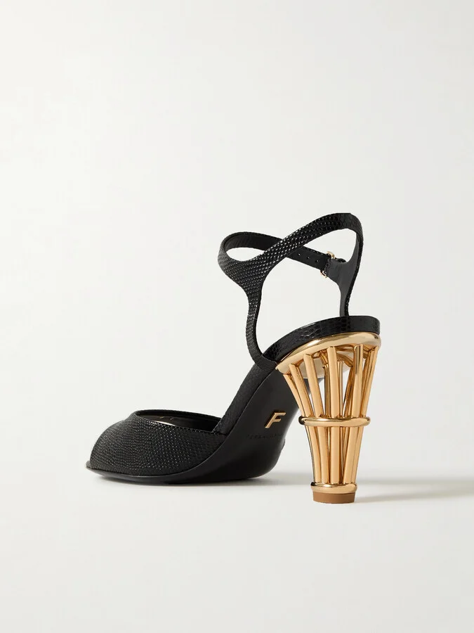 Ferragamo - Nikla Lizard-effect Leather Sandals - Black - Image 3