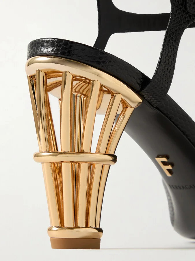 Ferragamo - Nikla Lizard-effect Leather Sandals - Black - Image 4