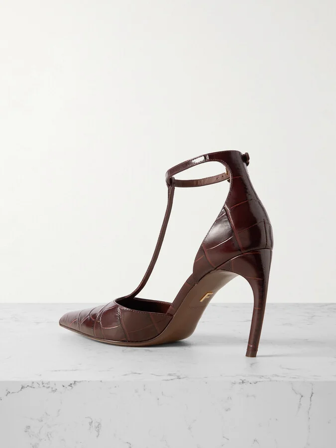 Ferragamo - Odette Embellished Croc-effect Leather Pumps - Brown - Image 3