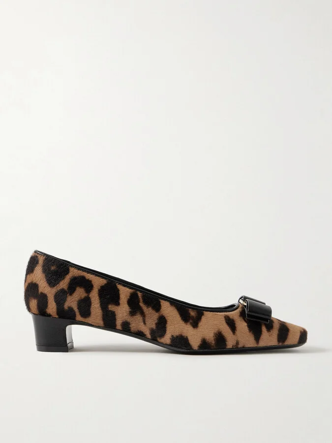 Ferragamo - Rirri Bow-detailed Leather-trimmed Leopard-print Calf Hair Pumps - Animal print