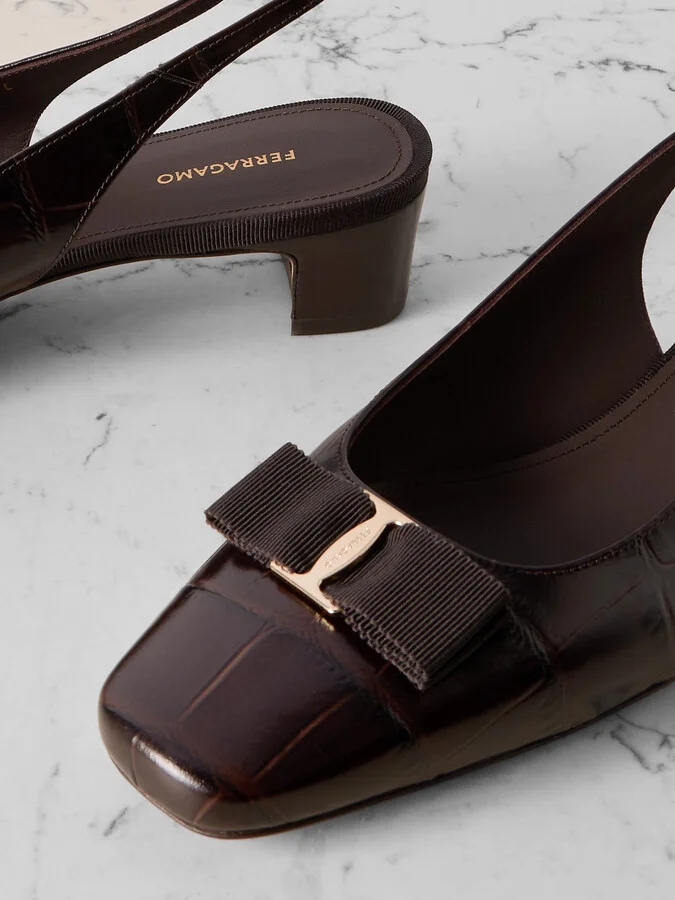 Ferragamo - Rivada Bow-embellished Croc-effect Leather Sling-back Pumps - Black - Image 4