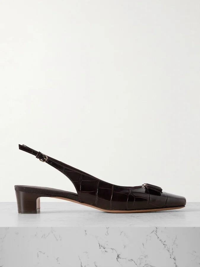 Ferragamo - Rivada Bow-embellished Croc-effect Leather Sling-back Pumps - Black