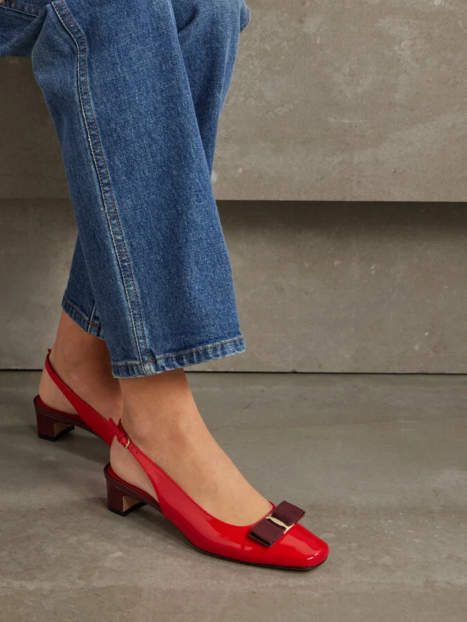 Ferragamo - Rivada Bow-embellished Patent-leather Slingback Pumps - Red - Image 2