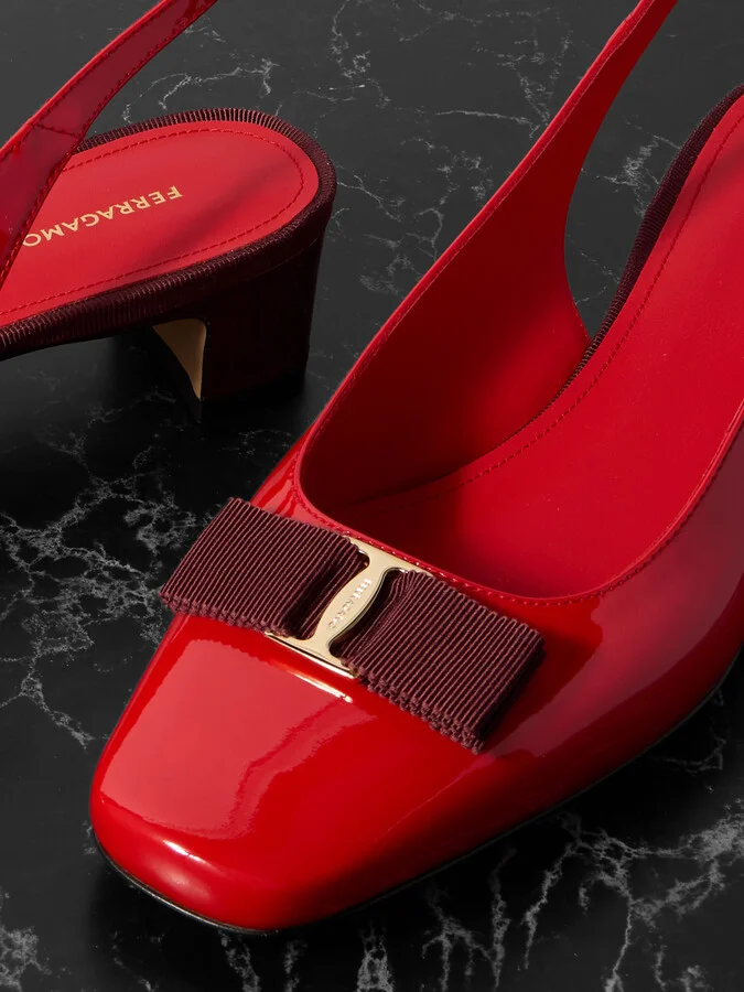 Ferragamo - Rivada Bow-embellished Patent-leather Slingback Pumps - Red - Image 4